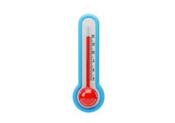 A blue and white thermometer with a red liquid column indicating a temperature reading against a transparent background