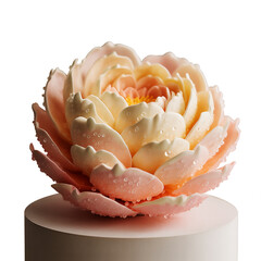 Photo of a delicate sugar flower decoration with pink and yellow petals isolated on white background