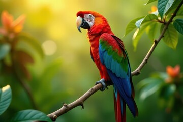 Fototapeta premium A Vibrant Scarlet Macaw Perched on a Branch, Bathed in the Warm Glow of the Setting Sun, Amidst Lush Tropical Foliage