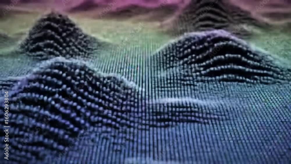 Poster abstract digital terrain rendered with a vibrant grid of luminous points creating a futuristic lands