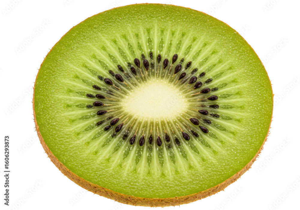 Poster a closeup topdown view of a vibrant green kiwi fruit slice with black seeds arranged in a circular p