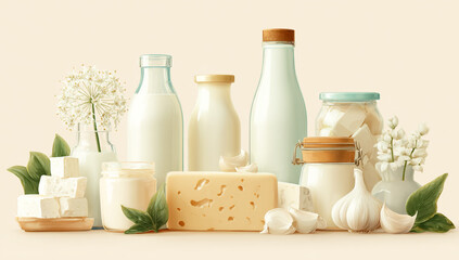 A variety of dairy products on a white background.