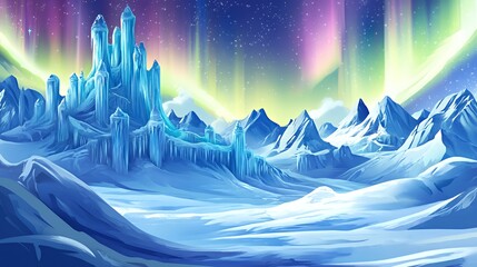 An Ice Castle Underneath a Vibrant Aurora Borealis