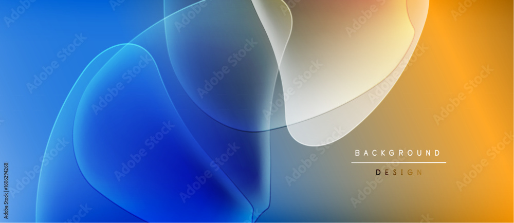 Poster abstract fluid shapes blend blue, orange hues. gradient background creates dynamic visual effect. mo