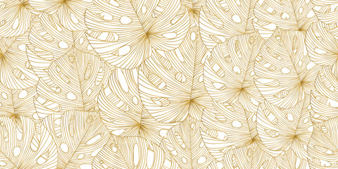Luxury background with gold monstera leaves in line art style. Botanical art banner with tropical plants