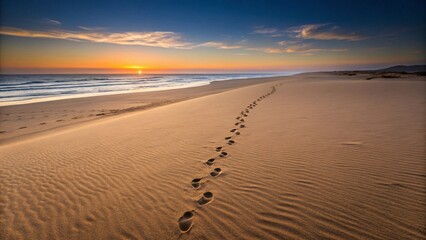 Footprints on sand beach at sunset ocean horizon landscape scenic view travel destination photography