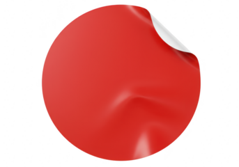 Vibrant red circular sticker with a peeled corner isolated on a clean transparent background