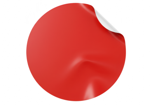 Vibrant red circular sticker with a peeled corner isolated on a clean transparent background
