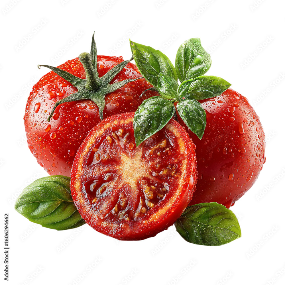 Poster close up of fresh tomatoes with basil leaves on a black background view isolated on transparent back