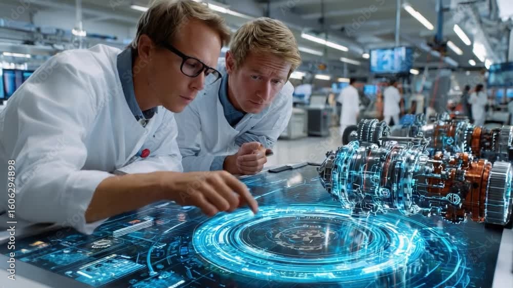 Poster engineers at work: two focused engineers, clad in lab coats, collaborate intently over intricate mec