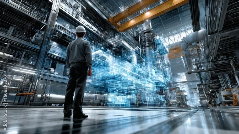 Poster industrial engineer and augmented reality: an industrial engineer observes an intricate augmented re