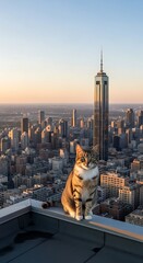 A tabby cat sits atop a building, overlooking a sprawling cityscape.
