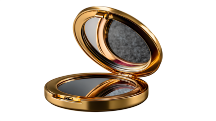 High quality, realistic photo of Compact mirror with gold trim open to show reflection, isolated on transparent background, product photography style