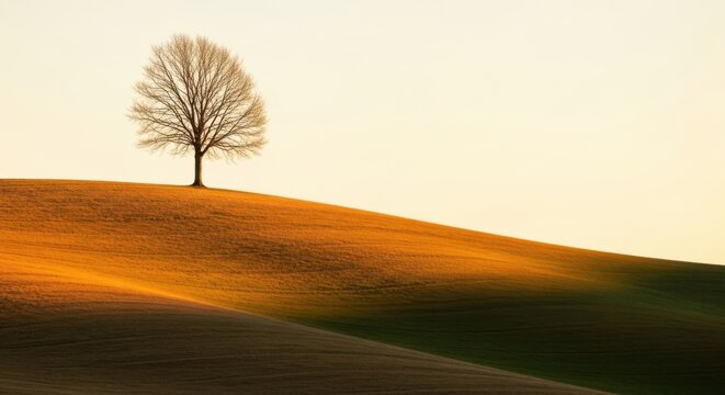 A lone bare tree stands on a sunlit golden hill during a serene sunset