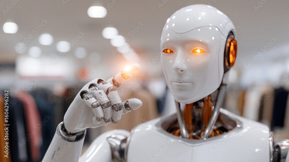Poster technological visionary: a humanoid robot gazes forward with glowing eyes and extended finger. the i