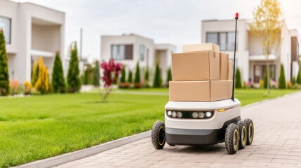 Robotic Delivery System: A futuristic autonomous delivery robot navigates a suburban neighborhood, carrying stacked packages with precision and efficiency.
