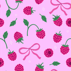 Seamless pattern with raspberries and bows on a pink background. Vector graphics.