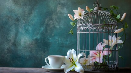 Stylized birdcage with ivy vines beside pastel lilies and warm cup