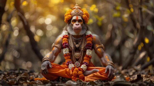 A monkey god figure, seated in a forest setting, adorned with elaborate orange and gold floral decorations and jewelry
