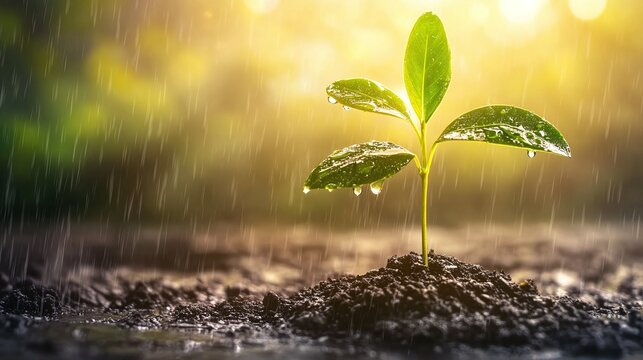 A young plant emerges from the soil during a light rain shower.