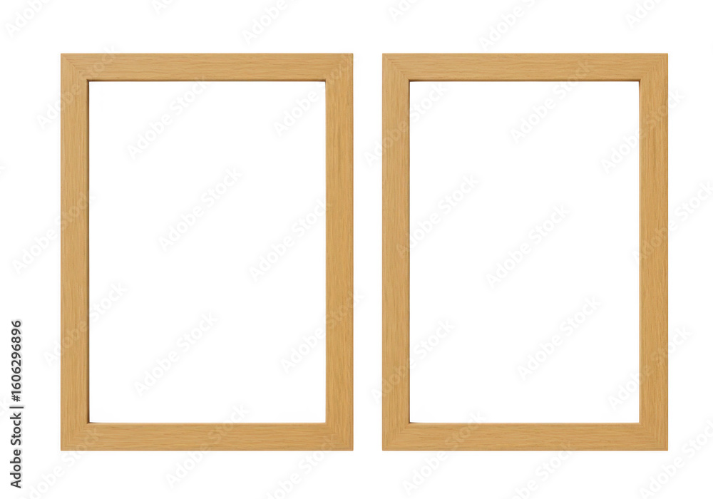 Poster two empty wooden picture frames side by side on a transparent background