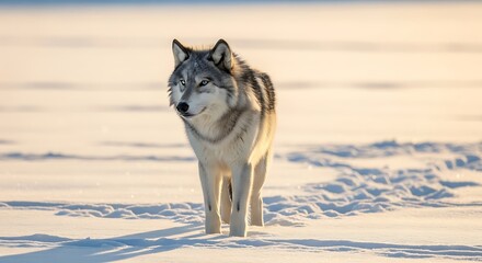 Gray wolf standing in a snowy landscape.
