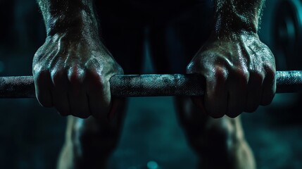 Sweaty Hands Gripping Heavy Barbell, Dark Teal Tones, Low-Light Workout