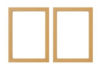Two empty wooden picture frames side by side on a transparent background