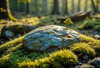  tree seedling sprouting from cracked stone covered in moss on forest floor