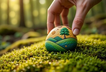 hand placing painted landscape rock on green moss in a forest scene with artistic details