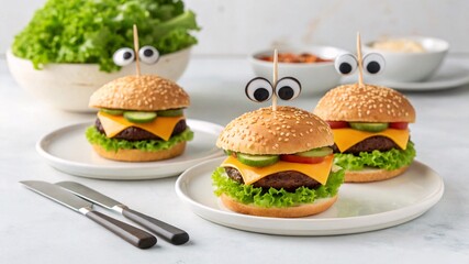 Delicious mini burgers with cheese and vegetables for kids party food ideas and cute food presentation style