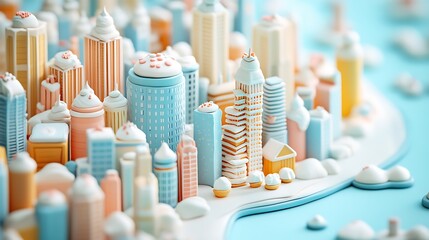 Stylized cake city with frosting skyscrapers