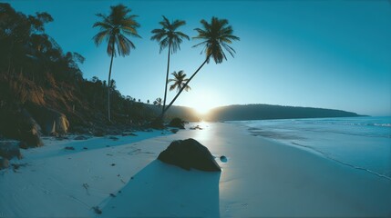 Tropical Beach Sunrise Golden Light Reflecting On Wet Sand