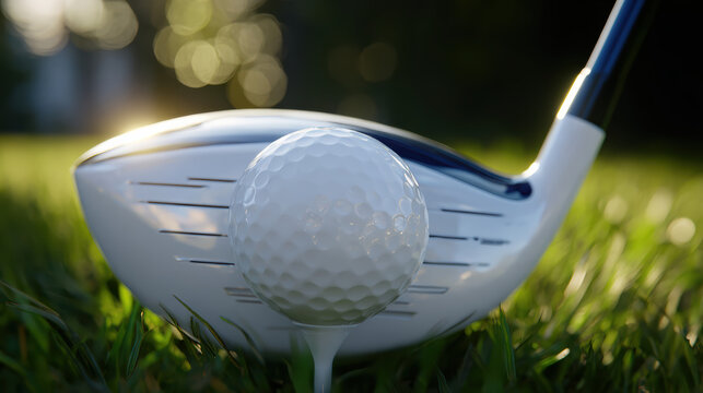 Golf ball on tee with golf club ready to hit in sunlight