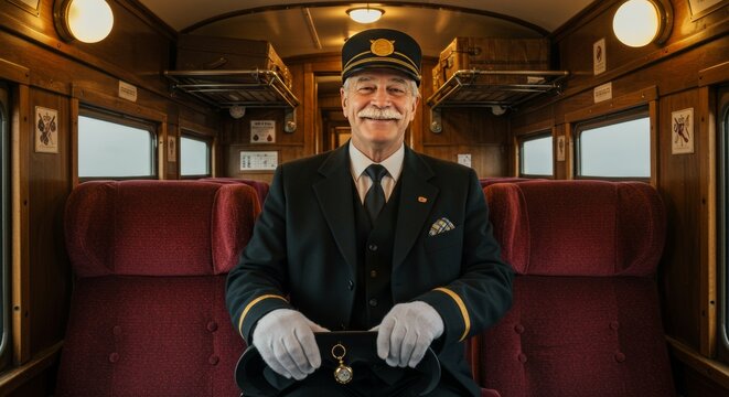 Elderly Train Conductor in Vintage Interior with Pocket Watch and Warm Smile