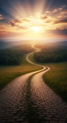 Winding cobblestone path leading into a sunrise.