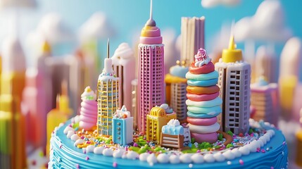 Stylized cake city with frosting skyscrapers