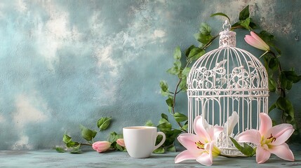 Stylized birdcage with ivy vines beside pastel lilies and warm cup