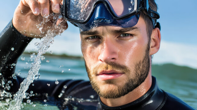 Young man with beard wearing diving mask and wetsuit in water