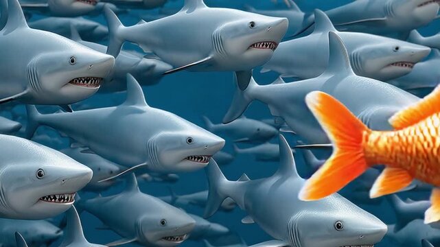 Daring to be different: A vibrant goldfish stands out amidst a vast school of sharks, an awe-inspiring depiction of courage and individuality.