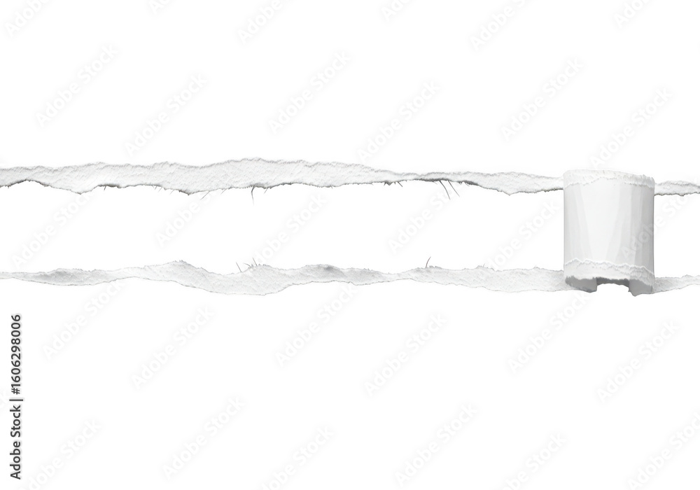 Poster two torn strips of white paper with rough jagged edges one featuring a small roll of paper isolated 
