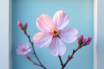 Fototapeta premium Delicate pink blossom in soft light against a pale blue background, showcasing springtime beauty and natural elegance