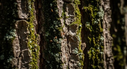 Close-up of a tree trunk covered in green moss and lichen textures, showcasing nature