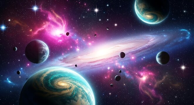 Colorful galaxy with planets and nebulae in space.