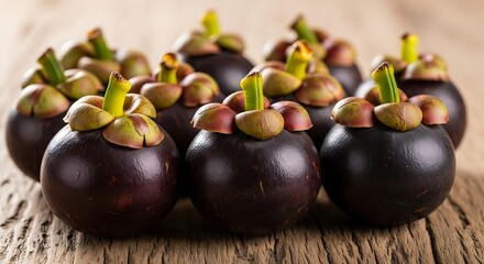 Close-up view of several mangosteens on a wooden surface.
