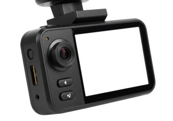 Modern black dashcam with a blank white screen and lens mounted on a car windshield for recording isolated on transparent background