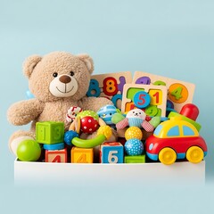 Colorful assortment of wooden and plush toys for children.