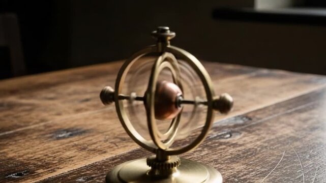 Mechanical Gyroscope Spinning on Vintage Wooden Table
