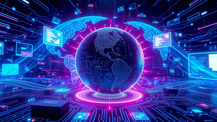 High-tech concept background with a digital world map, perfect for showcasing modern innovation, networking, and digital solutions.