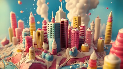 Stylized cake city with frosting skyscrapers